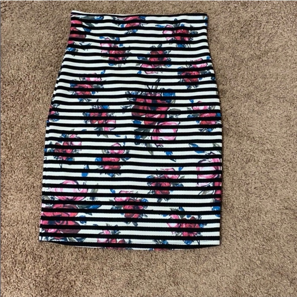 Papermoon Floral Stripe Pencil Skirt - Pink & Black